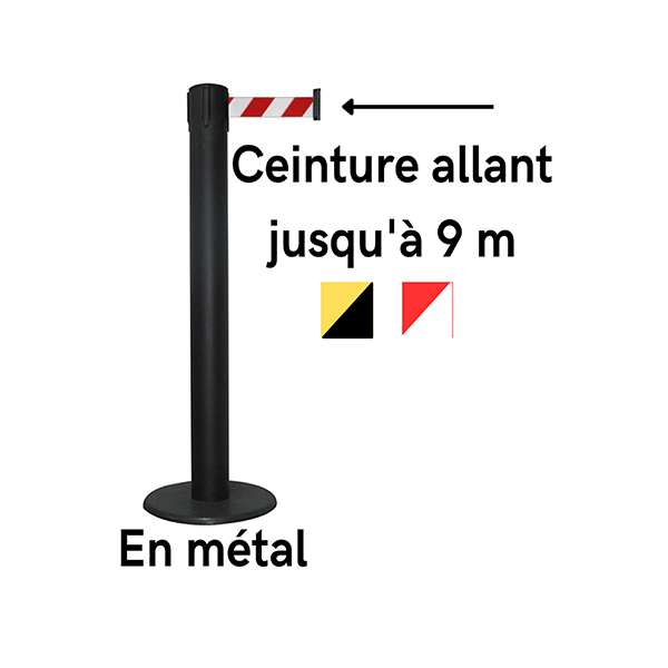 Poteau de guidage à sangle en métal noir avec ceinture rétractable allant jusqu'à 9 mètres