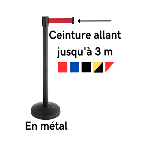 Poteau de guidage à sangle en métal noir/rouge/jaune avec ceinture rétractable allant jusqu'à 3 mètres