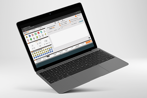 Image d’une ordinateur portable sur fond dégradé blanc et gris, avec l’interface du logiciel de création d’étiquettes MarkPrint développé par Preventimark, ouverte sur l’écran. 