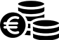 Icône noir avec deux piles de pièces et une pièce de face montrant le signe Euros