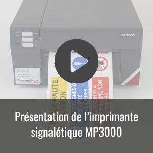Image de la vidéo de la présentation de l'imprimante signalétique MP3000 avec une icône de lecture de vidéo.