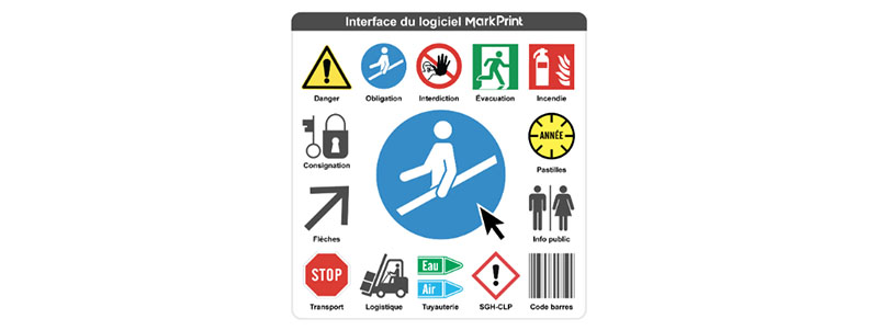 visuel de l'interface du logiciel MarkPrint développé par Preventimark et les pictogrammes de signalétique proposés.