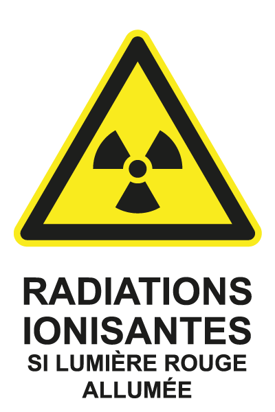 Radiations ionisantes si lumière rouge allumée - W762 - étiquettes et panneaux de danger et de prévention - picto et texte portrait